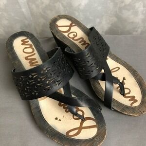Sam Edelman Nylee Black Leather Thong Die Cut Cork Wedge Sandals Size 6